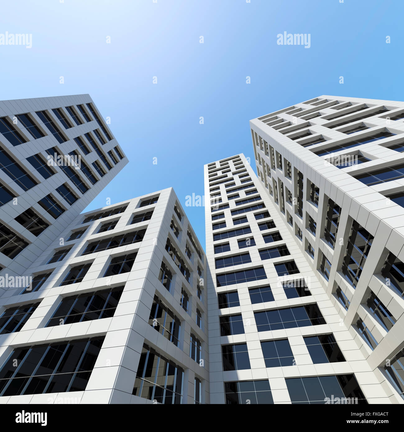 Abstract architettura moderna. Prospettiva di alte torri della città sotto il cielo blu. 3D render illustrazione Foto Stock