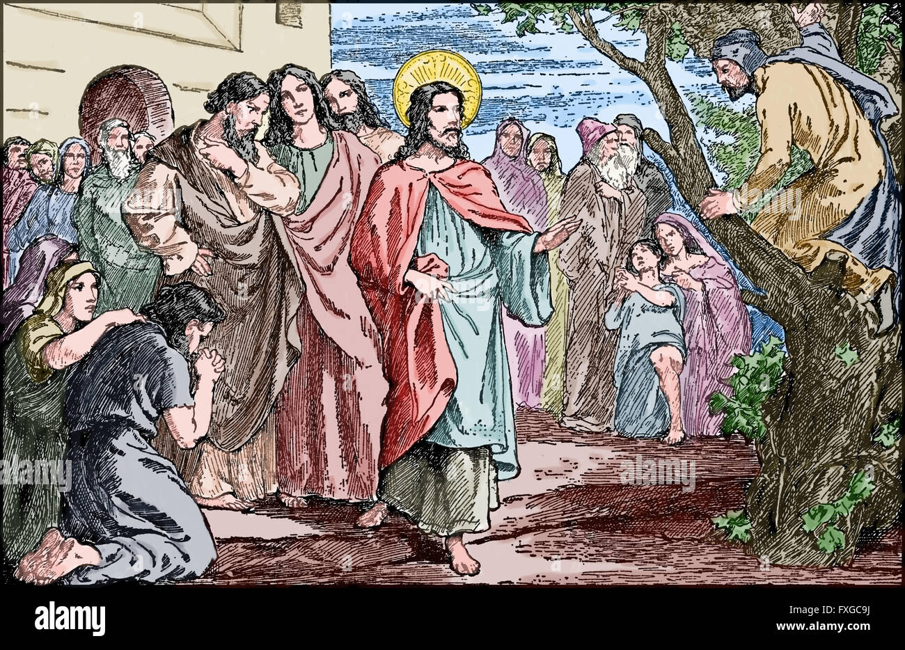 Gesù e il capo esattore a Jerico. Zaccheo. Il Nuovo Testamento. Incisione. Colore. Foto Stock