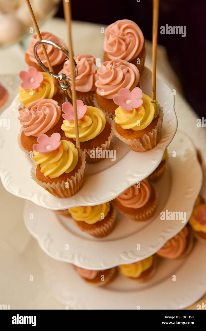 Tortine con giallo e rosa la crema su piastre Foto Stock