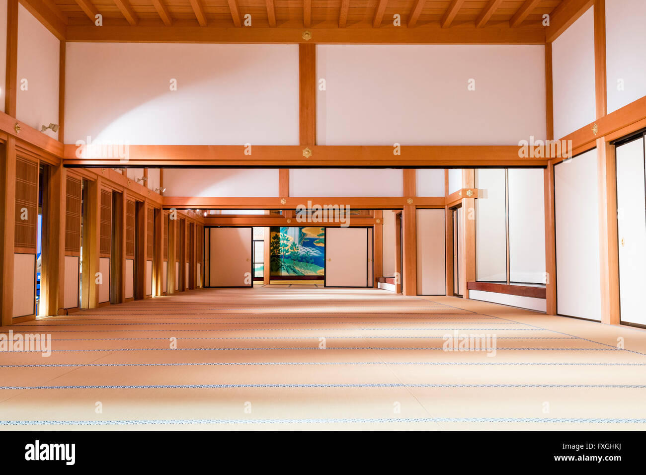 Castello di Kumamoto. Ri-costruito Honmarugoten, quarti viventi di governo. Camera di Wakamatsu, Tokonoma, alcova e paintingat parete di estremità della camera. Foto Stock