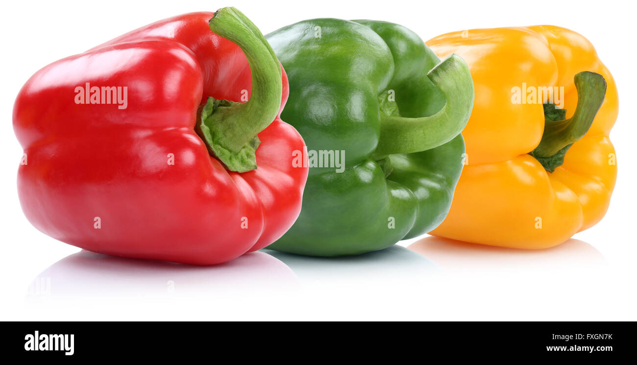 Collezione di peperone peperoni paprica paprikas in una riga vegetale organico isolato su uno sfondo bianco Foto Stock
