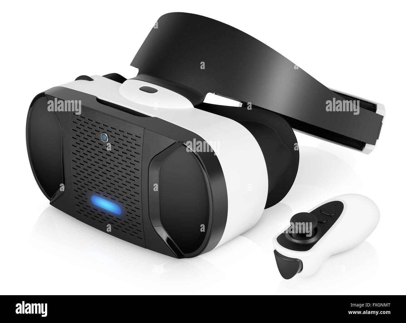 VR Virtual Reality cuffia mezza girata con il controller di gioco isolato su sfondo bianco. VR è il futuro del gioco. Foto Stock