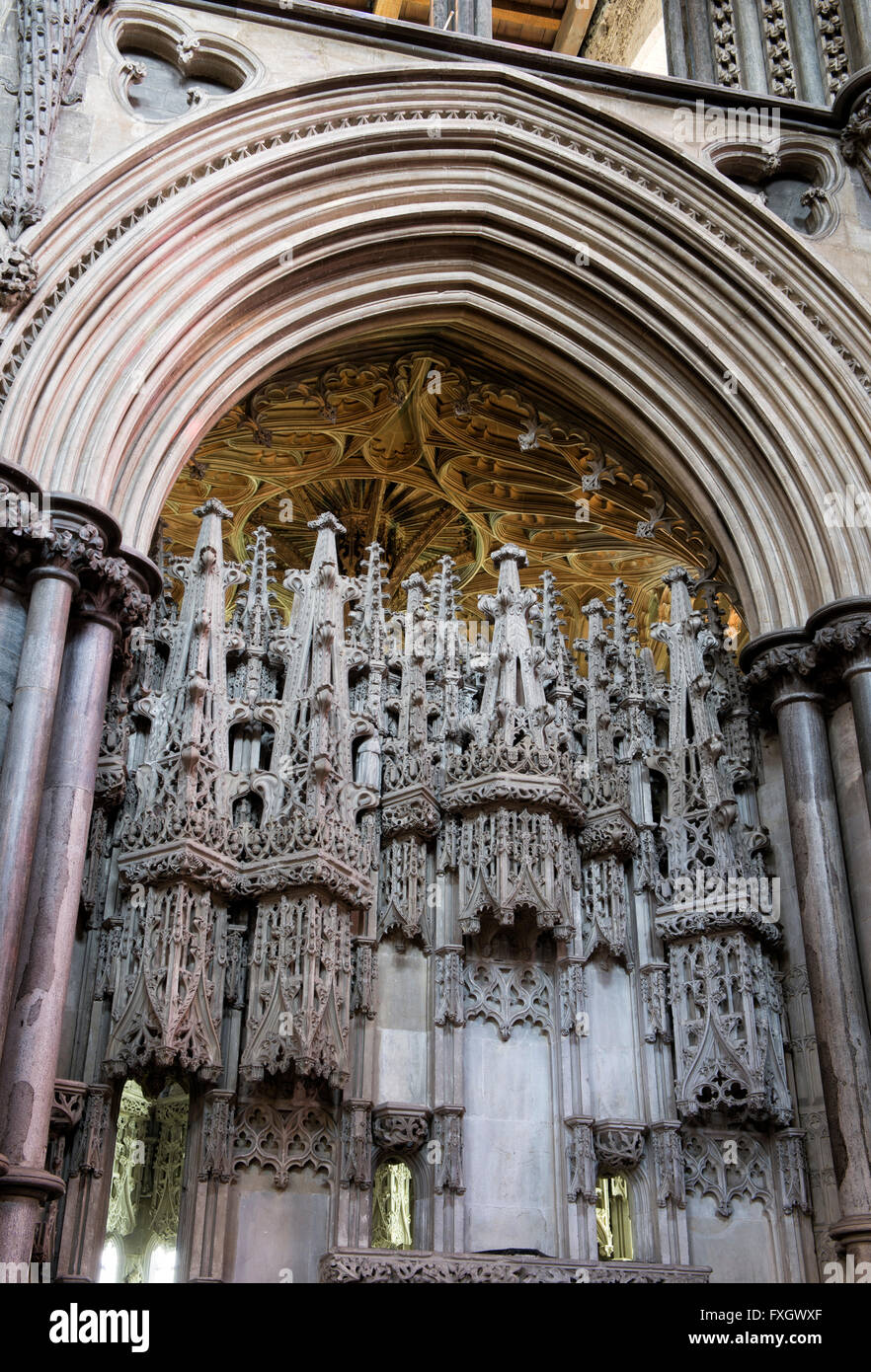 Cattedrale di Ely vescovi alcocks cappella di pietra sculture rinascimentali. Ely, Cambridgeshire, Inghilterra Foto Stock