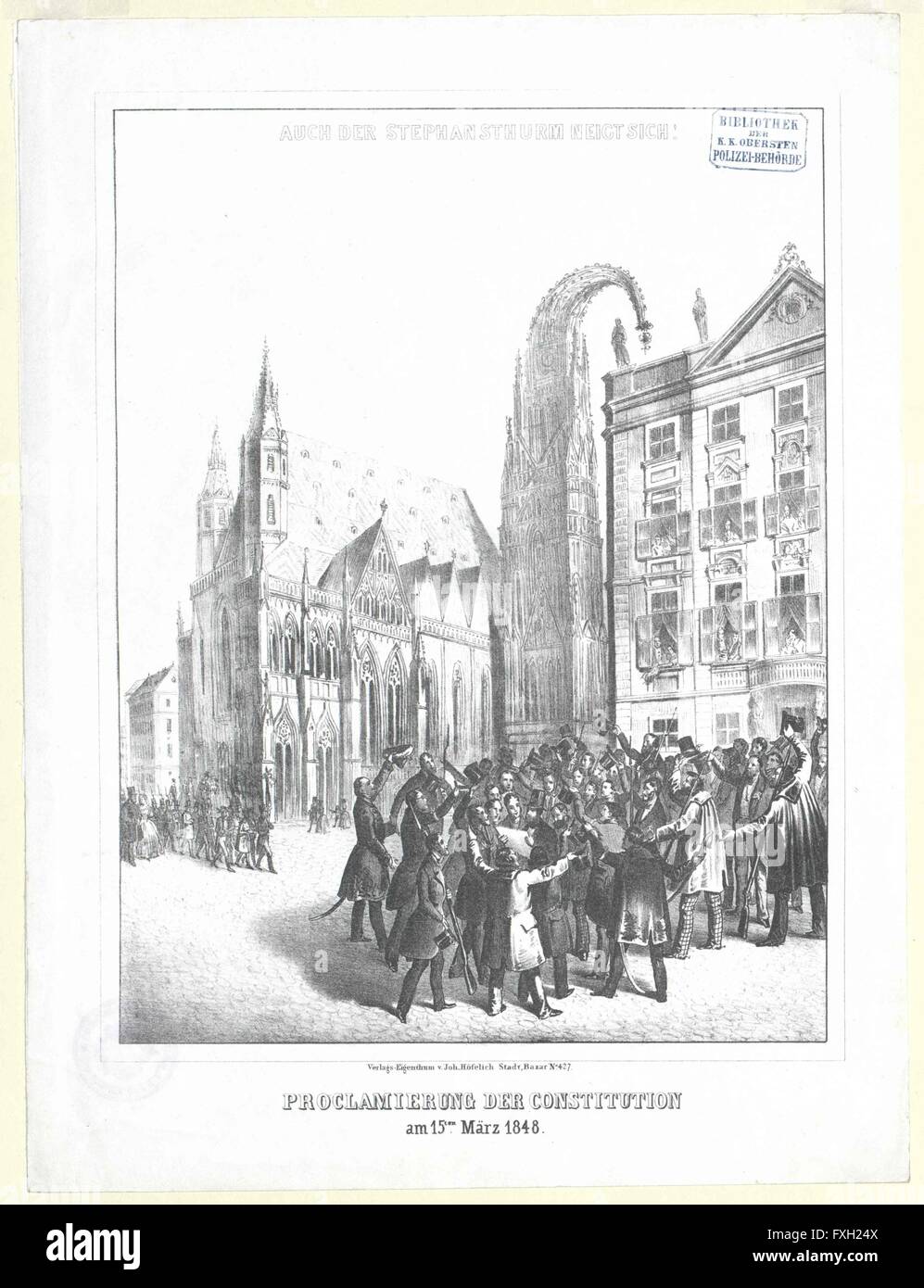 Proclamierung der costituzione am 15dieci März 1848. - Auch der Stephansthurm neigt sich! Foto Stock