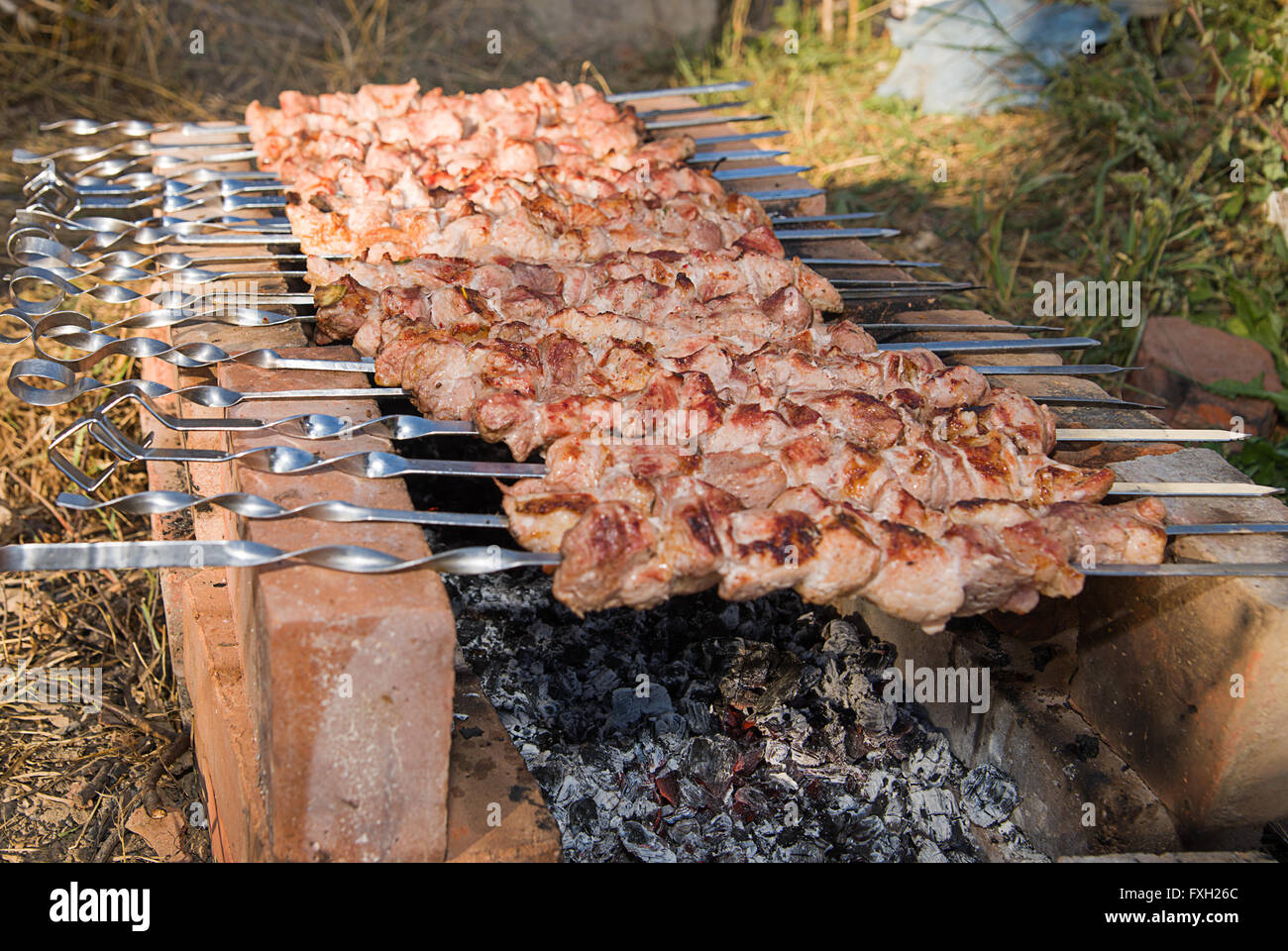 La carne è fritto su spiedini su carbone di legna su un picnic Foto Stock