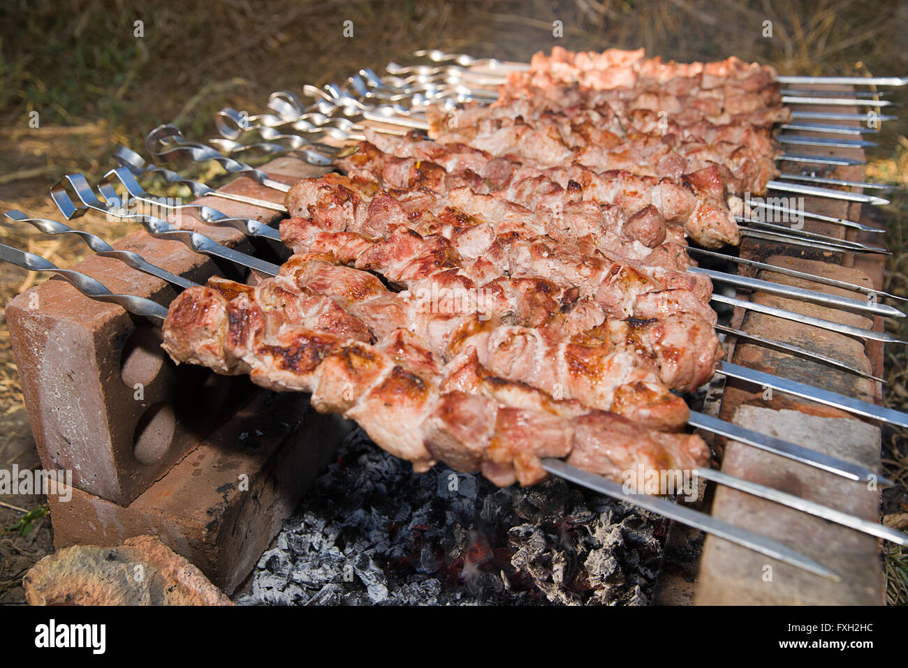 La carne è fritto su spiedini su carbone di legna su un picnic Foto Stock