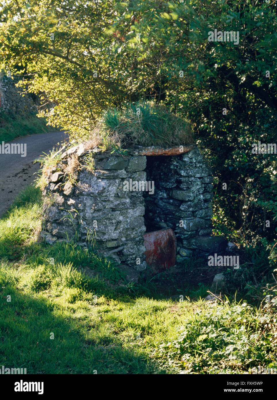 Un piccolo pozzo medievale accanto alla strada a Rhosson Ganol e di San Giustiniano, Pembrokeshire. L'alveare a forma di coperchio ben è di grado 2 elencati. Foto Stock