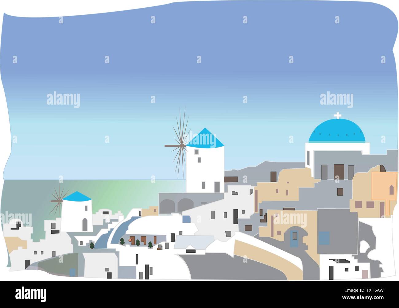 Il desing illustrano bianco-blu di Santorini - Vista della caldera con cupole Illustrazione Vettoriale