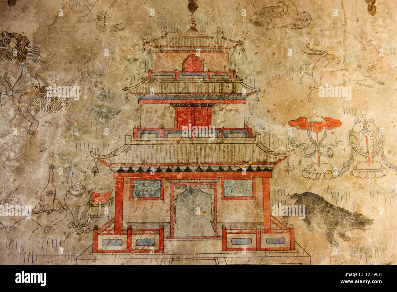 L affresco nella Erdene Zuu monastero, parte dell'UNESCO paesaggio culturale della valle dell'Orkhon Sito Patrimonio Mondiale. Foto Stock