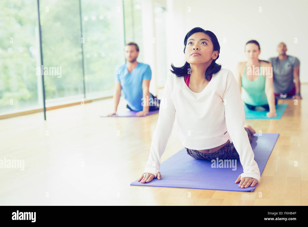 La donna nel cane con la testa in su posizione nella classe di yoga Foto Stock