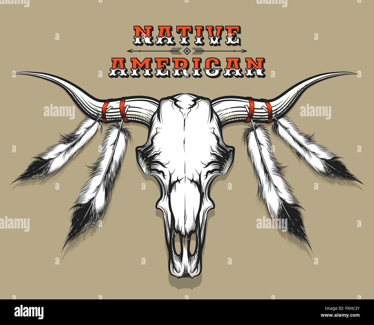 Bull il cranio con piume prelevate in stile tatuaggio. Nativi americani tema per emblema e stampa. Free font utilizzato. Illustrazione Vettoriale