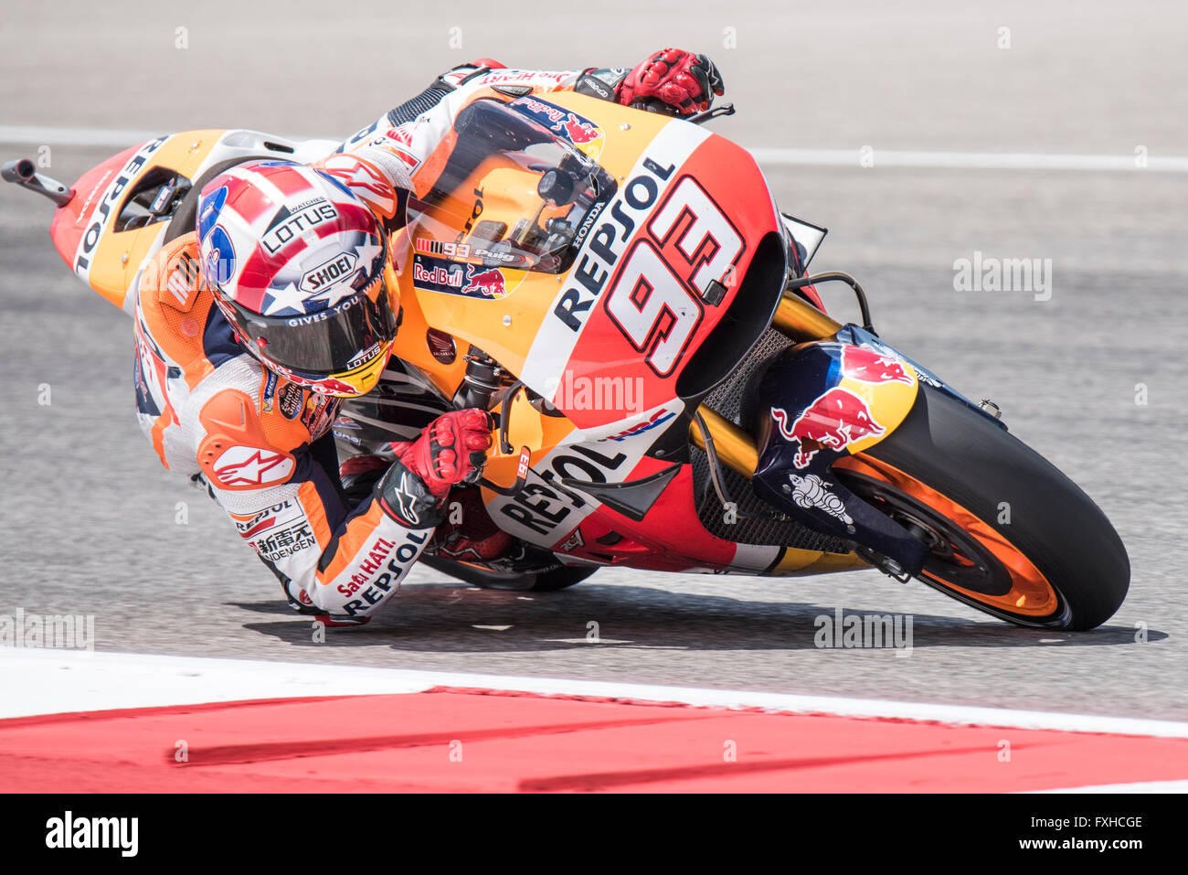 Marc Marquez del Team Repsol Honda per il suo modo di vincere il 2016 Red Bull Grand Prix of the Americas al circuito delle Americhe. Foto Stock