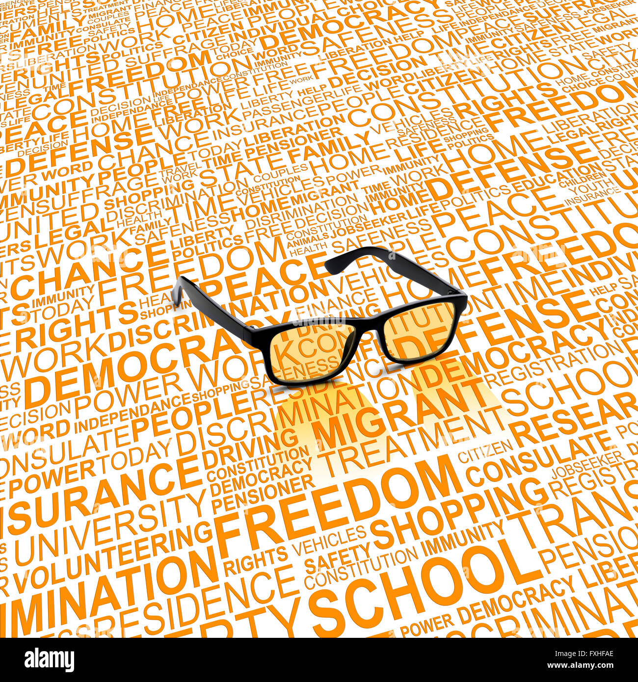 Un paio di occhiali neri con sfondo wordcloud concetto dei diritti umani Foto Stock