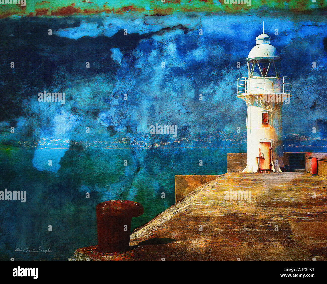 Arte digitale: la luce del passato (Brixham frangionde Lighthouse, Devon, Gran Bretagna) Foto Stock
