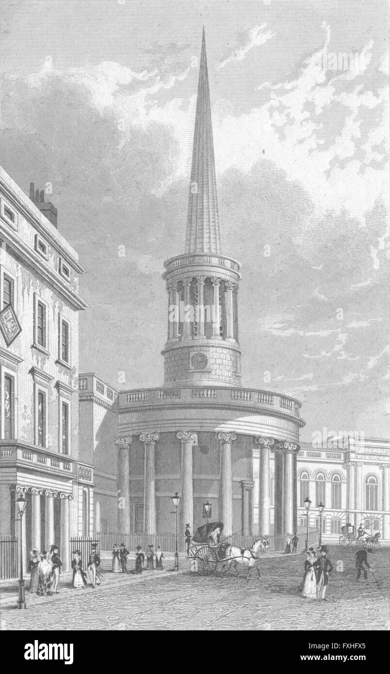 Londra: All-Souls Chiesa, Langham Place, antica stampa 1827 Foto Stock