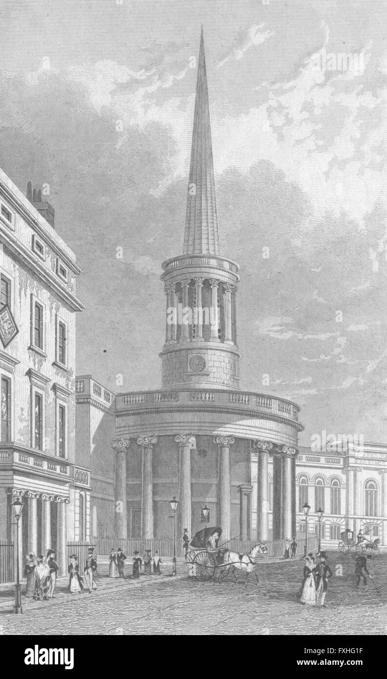 Londra: All-Souls Chiesa, Langham Place, antica stampa 1827 Foto Stock