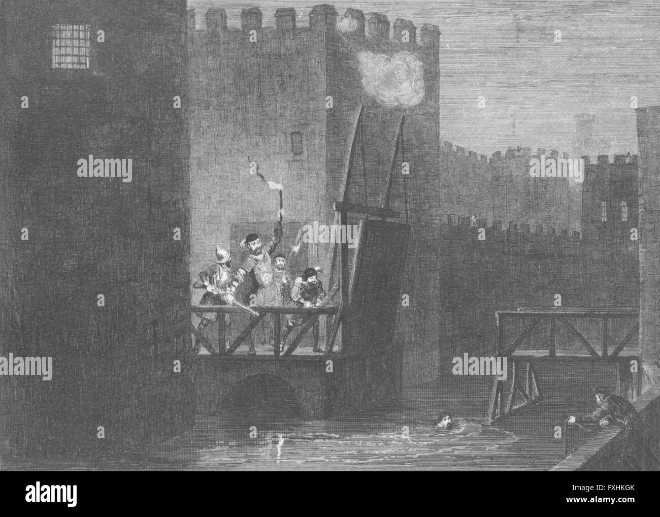 Londra: Courtenay's escape Tower, antica stampa c1845 Foto Stock