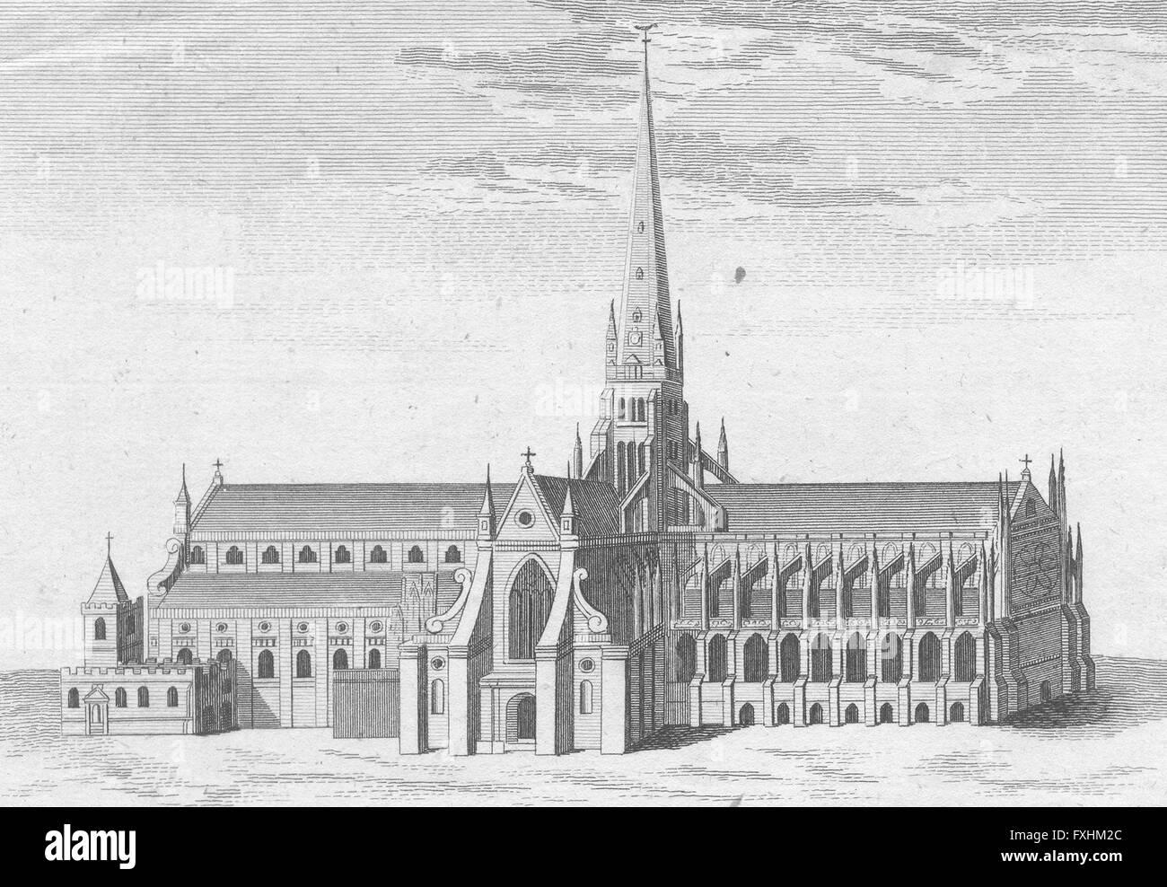 Londra: vecchia cattedrale di St Paul con la guglia, antica stampa c1760 Foto Stock