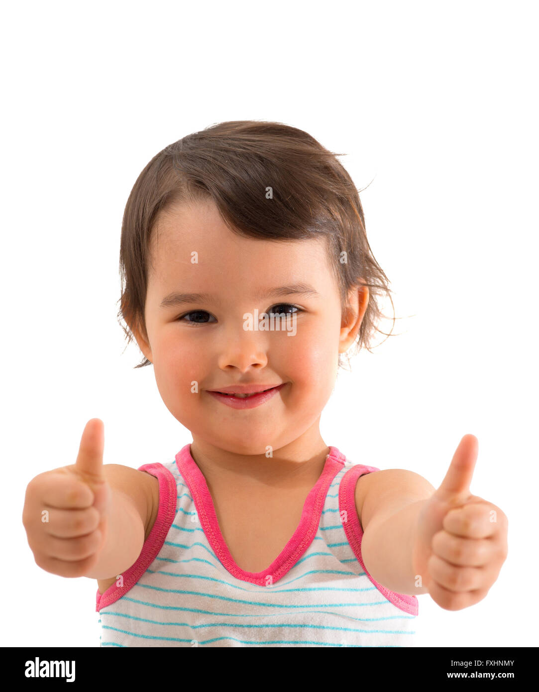 Ritratto di una bellissima e fiducioso ragazza mostra Thumbs up isolati uno bianco Foto Stock