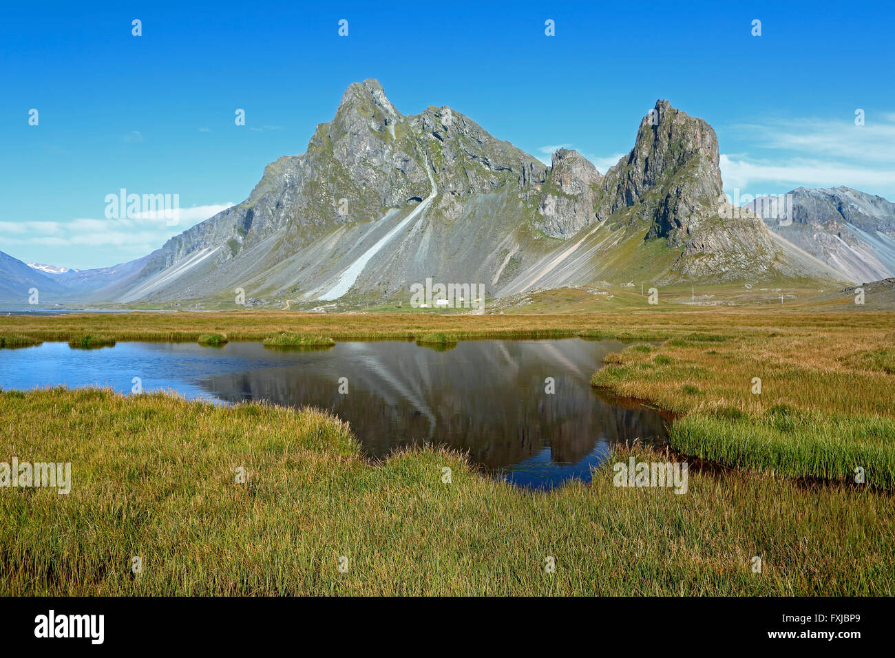 Montagna Vikurfjall riflessa su stagno, vicino Hvalnes Riserva Naturale, Islanda Foto Stock