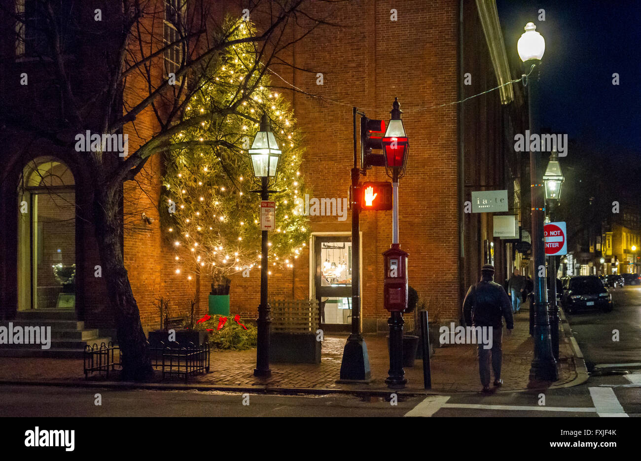 Un albero di Natale e lampioni di strada in un angolo di strada nella zona di Beacon Hill di Boston, Massachusetts, Stati Uniti Foto Stock