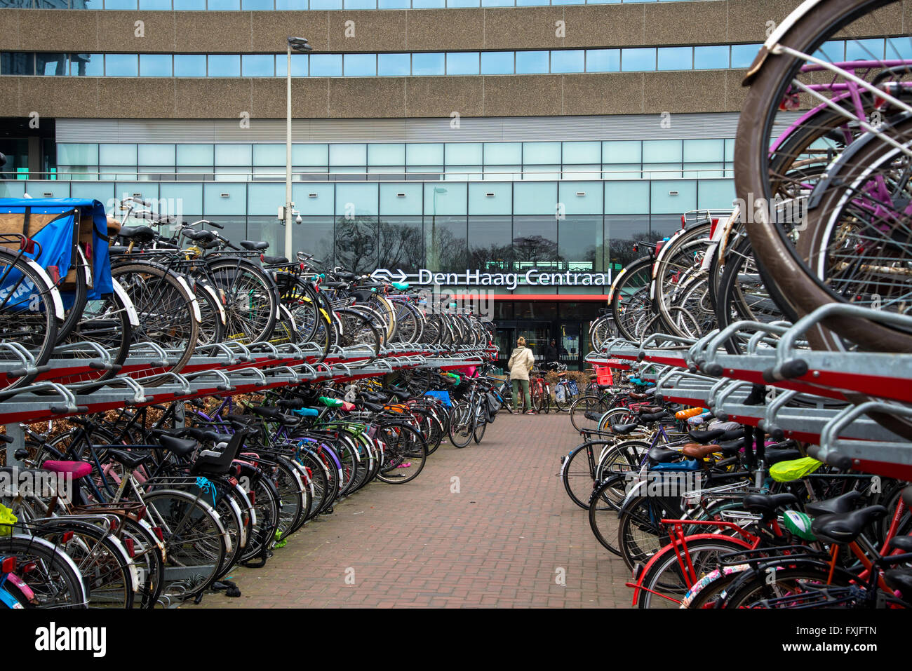 Le biciclette parcheggiate fuori della stazione centrale in den Haag Holland Foto Stock