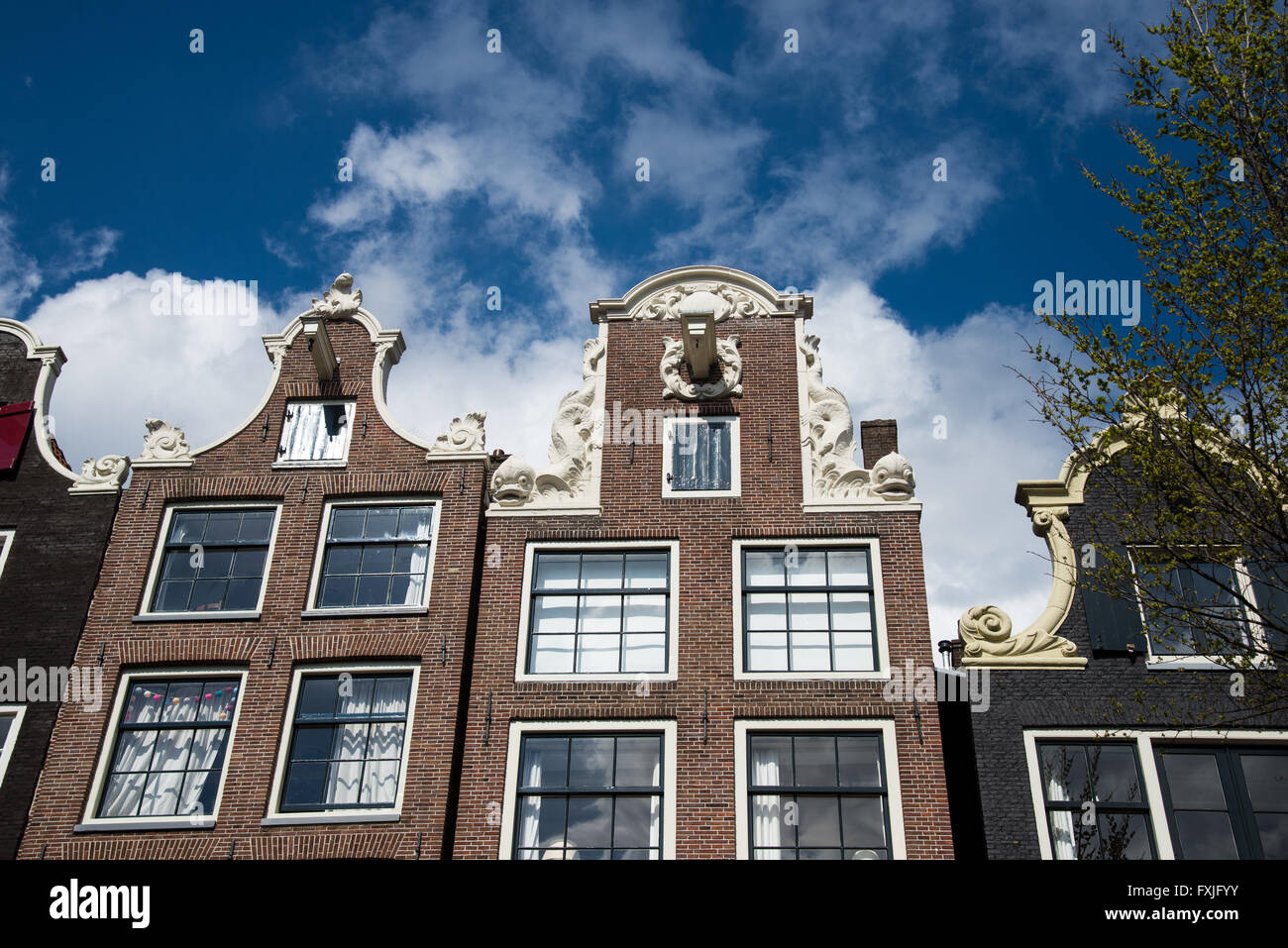 Facciate di edifici storici a fianco dei canali di Amsterdam Olanda Foto Stock