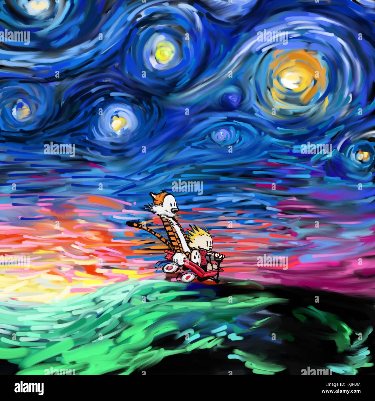 Calvin e Hobbes in Van Gogh notte stellata effetto di pittura Foto Stock