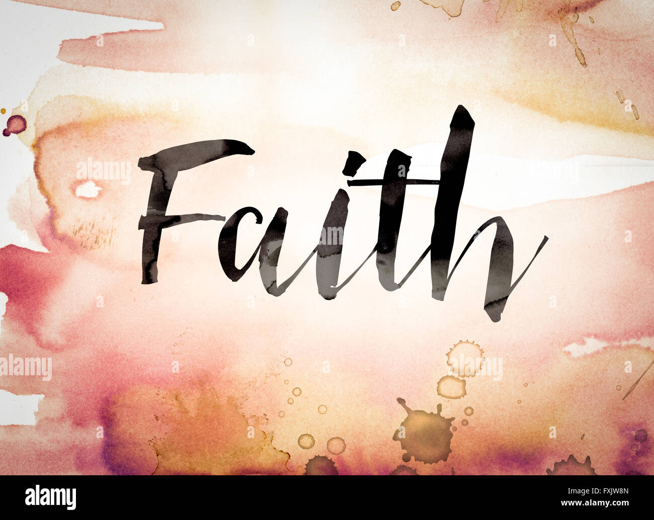 La parola "fede" scritta in vernice nera su un variopinto acquerello lavato sfondo. Foto Stock