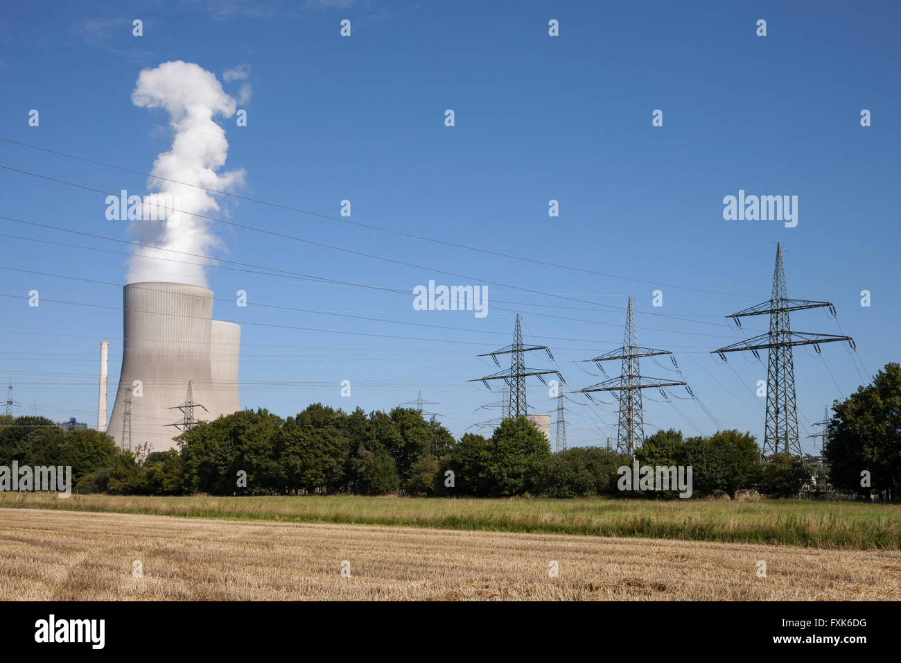 Torri di raffreddamento e tralicci, centrali a carbone vegetale, power plant Westfalia, RWE Power, Hamm-Uentrop, Hamm, Renania settentrionale-Vestfalia Foto Stock