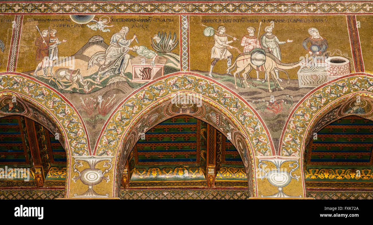 Mosaici bizantini, Abramo sacrifica il suo figlio Isacco e Rebecca fornisce acqua per i cammelli, parete nord della centrale Foto Stock