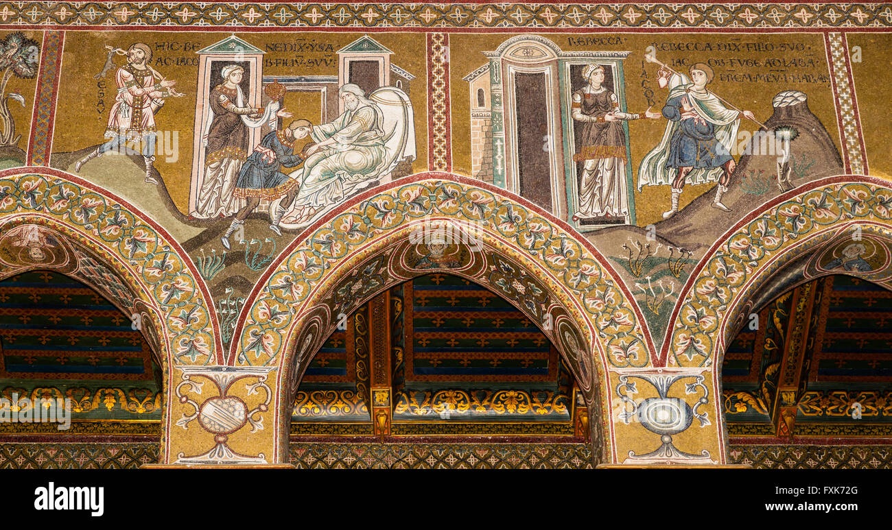 Mosaici bizantini, Isacco benedice Giacobbe e Giacobbe fugge, la parete a nord della navata centrale, l Antico Testamento, Cattedrale di Monreale o Foto Stock