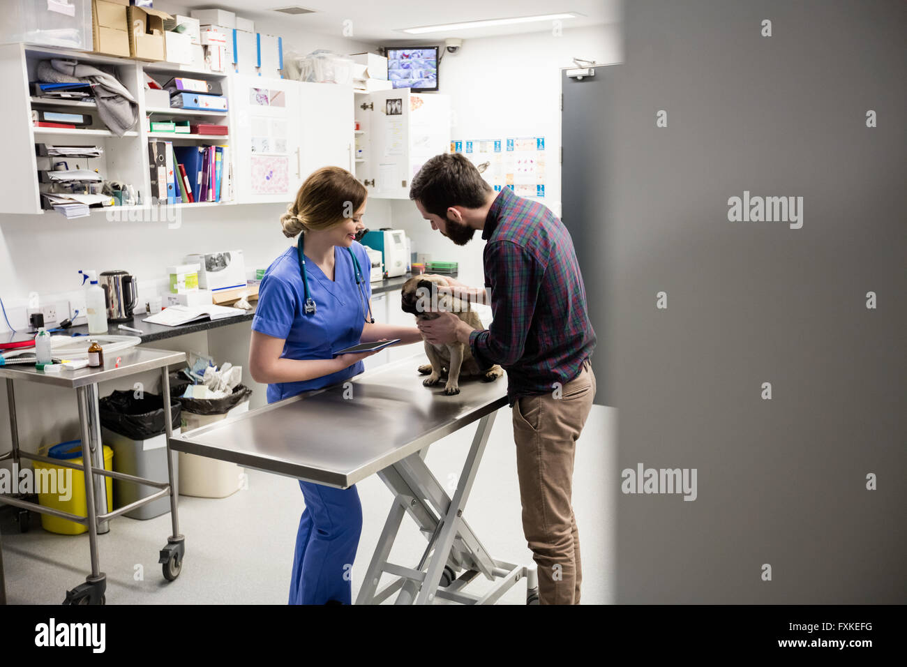 Vet esaminando il cane con il suo proprietario Foto Stock