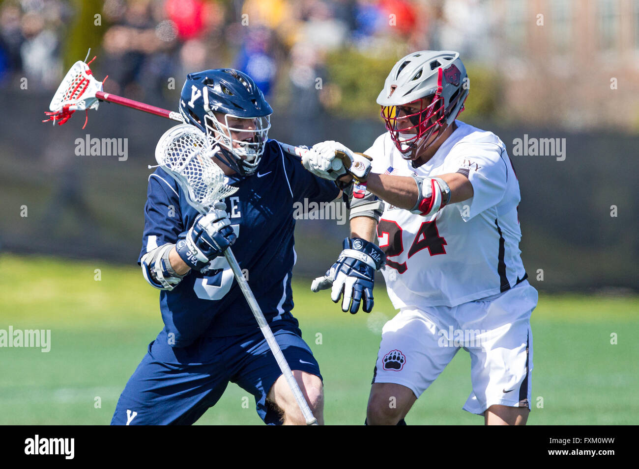 Campo Stevenson-Pincince. Xvi Apr, 2016. RI, USA; Yale Bulldogs centrocampista Eric Scott (5) e l'orso bruno defender JJ Ntshaykolo (24) in azione durante la seconda metà di un NCAA Lacrosse gioco tra Yale Bulldogs e orso bruno in campo Stevenson-Pincince. Brown ha sconfitto la Yale 14-12. M. Anthony Nesmith/Cal Sport Media/Alamy Live News Foto Stock