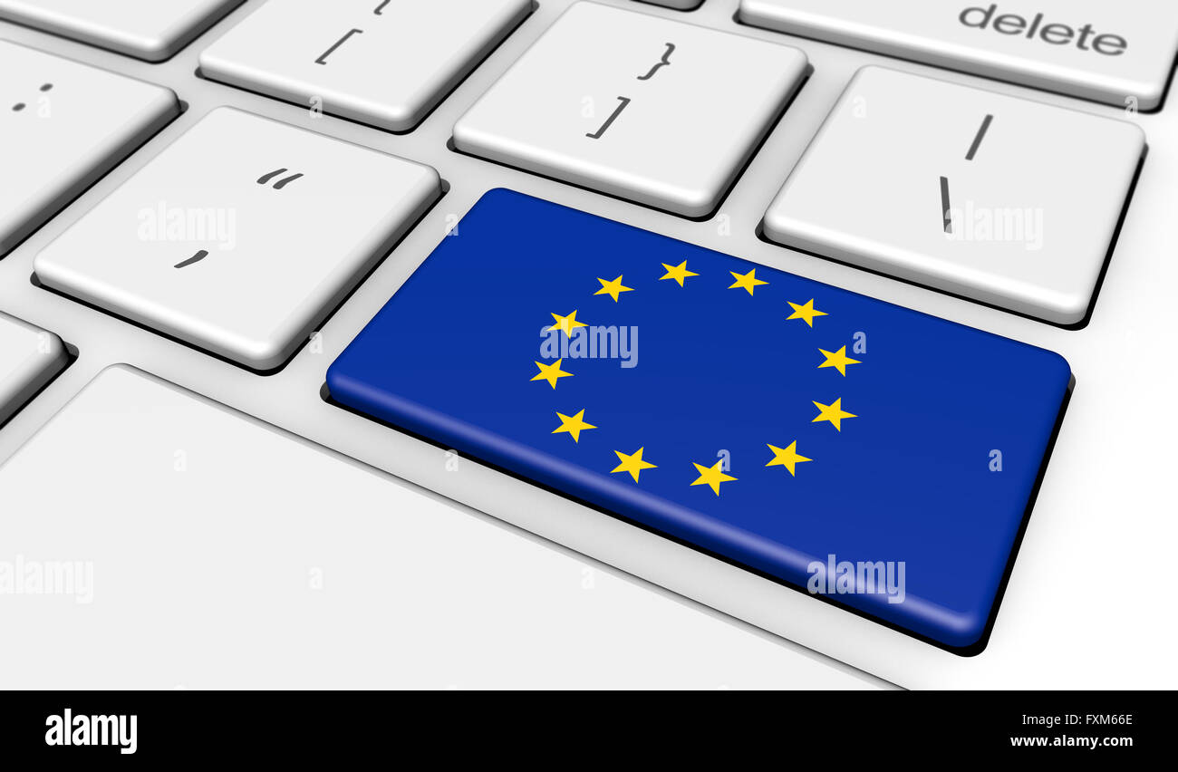 Unione Europea la digitalizzazione e l'uso delle tecnologie digitali concetto con la bandiera dell'UE sulla tastiera di un computer 3D'illustrazione. Foto Stock