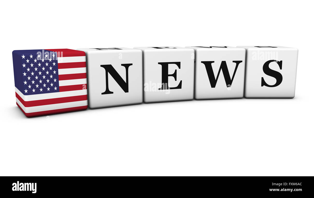 USA il concetto di notizie di notizie con la parola e segno e gli Stati Uniti d'America bandiera su cubetti 3D illustrazione isolato su bianco. Foto Stock