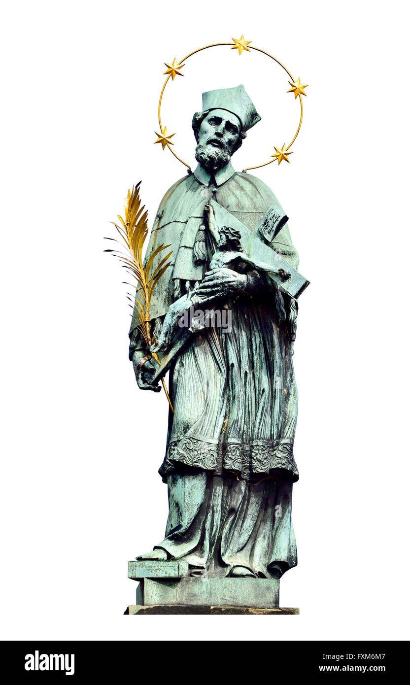 Praga, Repubblica Ceca. Statua di San Giovanni Nepomuceno sul Ponte Carlo (Karluv most) Foto Stock