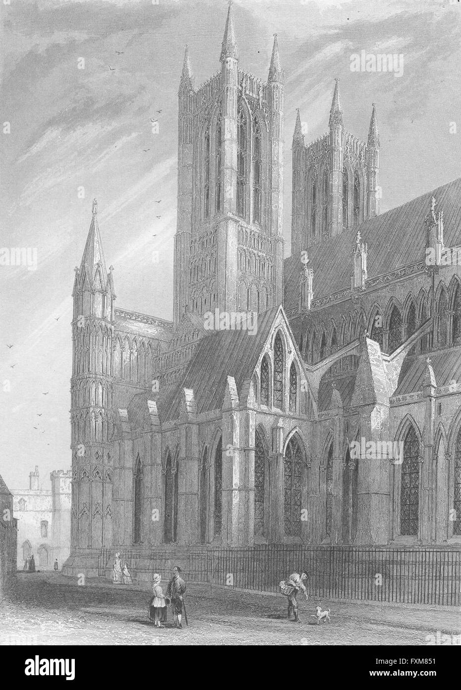 LINCS: Cattedrale di Lincoln SW angolo, antica stampa 1860 Foto Stock