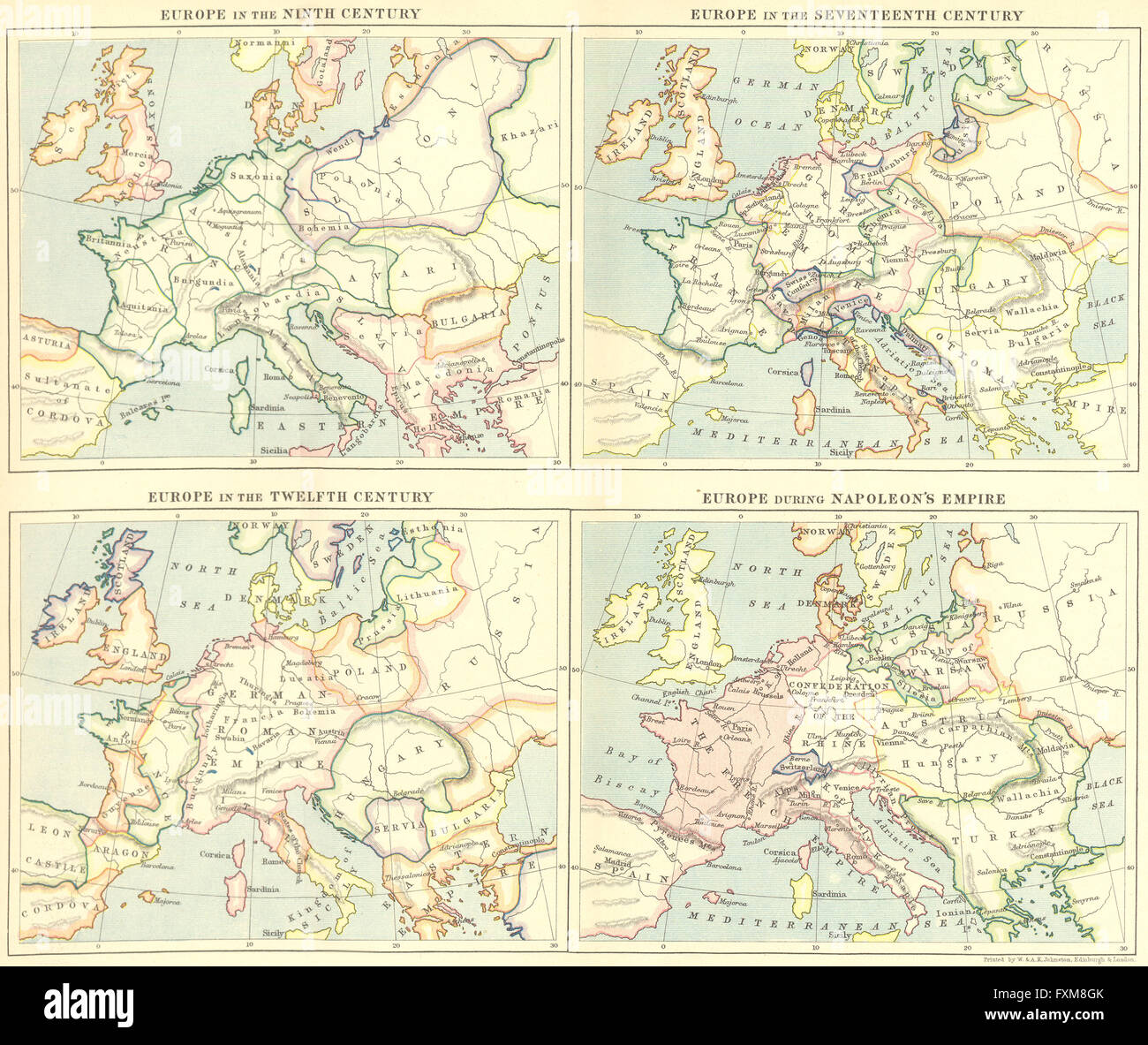 Europa: 9th, 12th, xvii secolo impero di Napoleone, c1880 mappa antichi Foto Stock