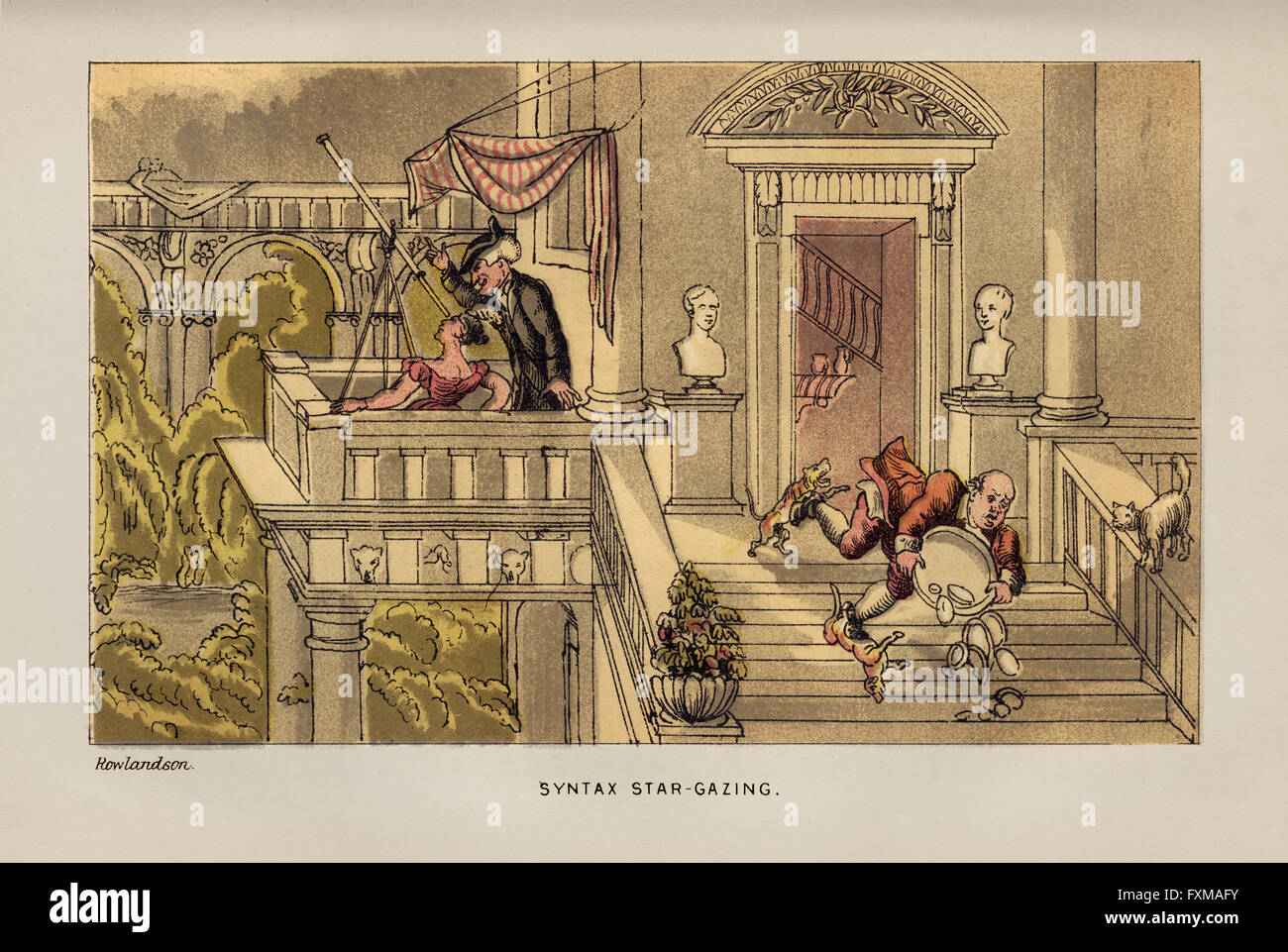 Vintage satirico Illustrazione a colori da Thomas Rowlandson (1756-1827) da "Dr. La sintassi di tre Tour" di William Combe (1741-1823), pubblicato nel 1869 Foto Stock
