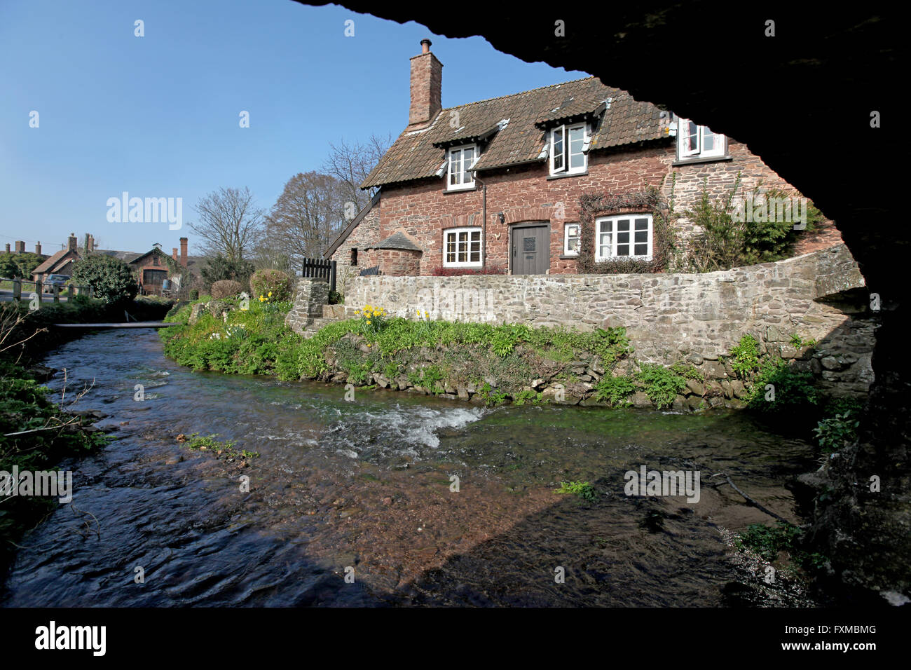 Il fiume Aller un flusso nel sole di primavera che scorre sotto un ponte packhorse nel Somerset villaggio di Allerford Foto Stock