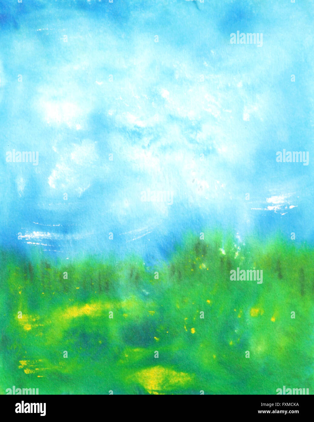Abstract disegnati a mano sfondo acquerelli: estate paesaggio con cielo blu, verde erba e piccoli fiori gialli. Ottimo per le textures, vintage design e carta da parati di lusso Foto Stock