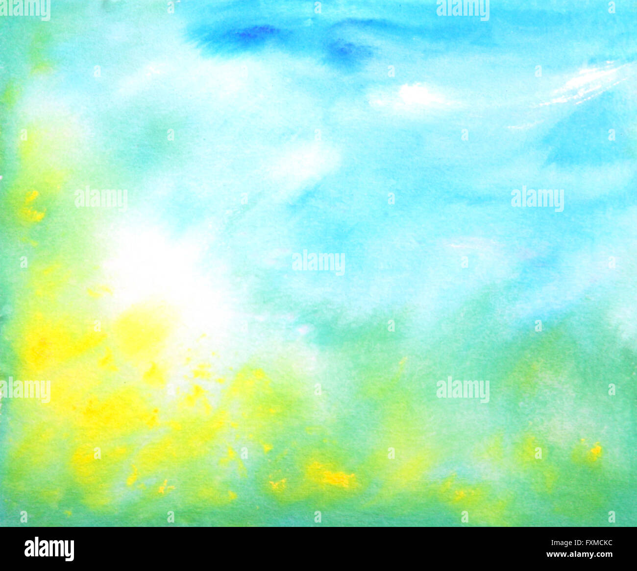 Abstract disegnati a mano sfondo acquerelli: estate paesaggio con cielo blu, verde erba e fiori di colore giallo. Ottimo per le textures, vintage design e carta da parati di lusso Foto Stock