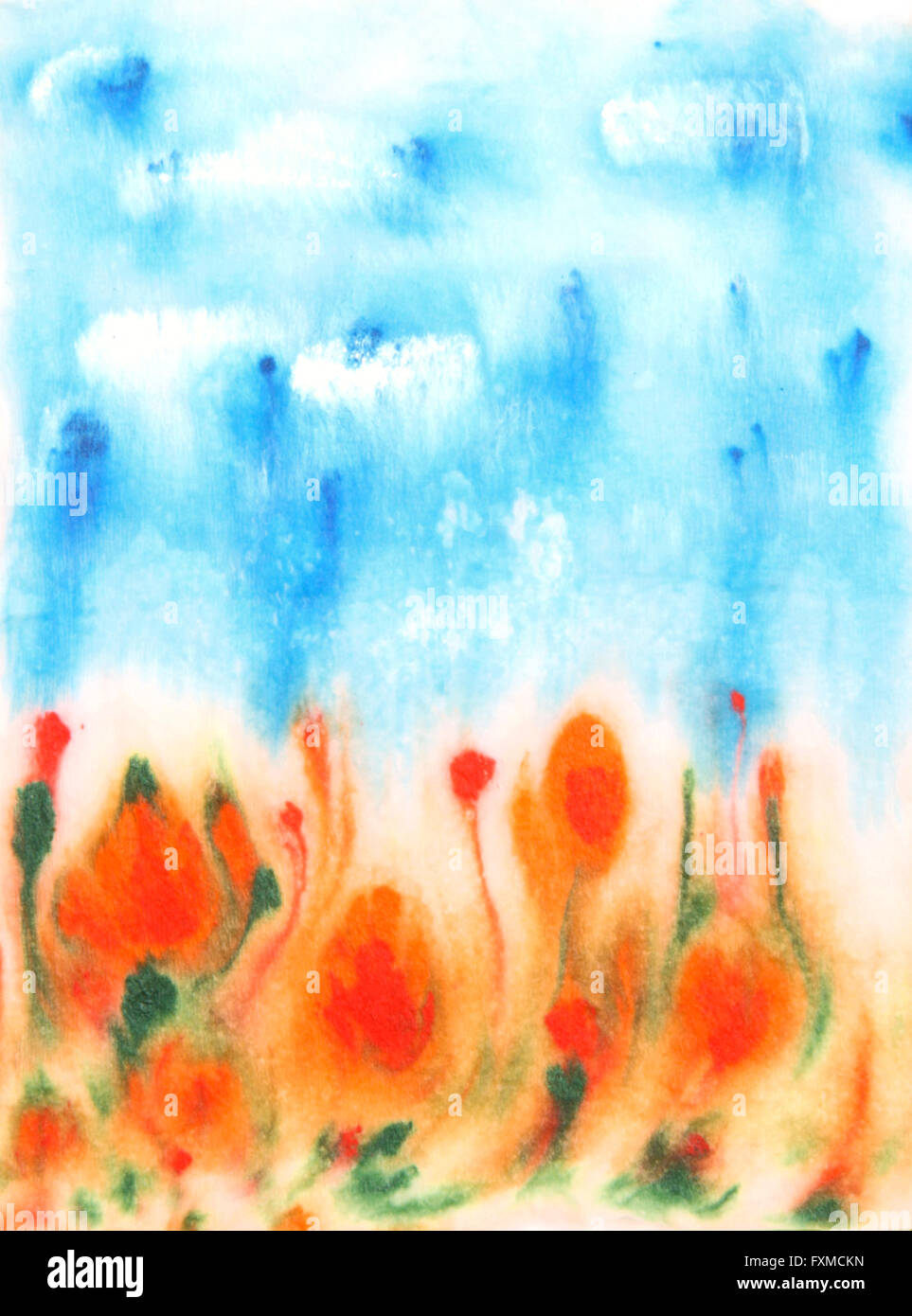 Astratta disegnata a mano ad acquerello: sullo sfondo azzurro del cielo e il verde delle foglie e fiori di colore rosso. Ottimo per le textures, vintage design e carta da parati di lusso Foto Stock