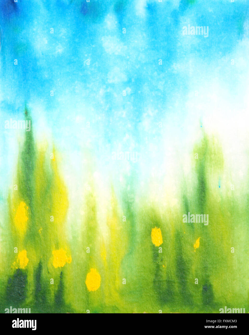 Abstract disegnati a mano sfondo acquerelli: cielo blu, verde erba e fiori di colore giallo. Ottimo per le textures, vintage design e carta da parati di lusso Foto Stock