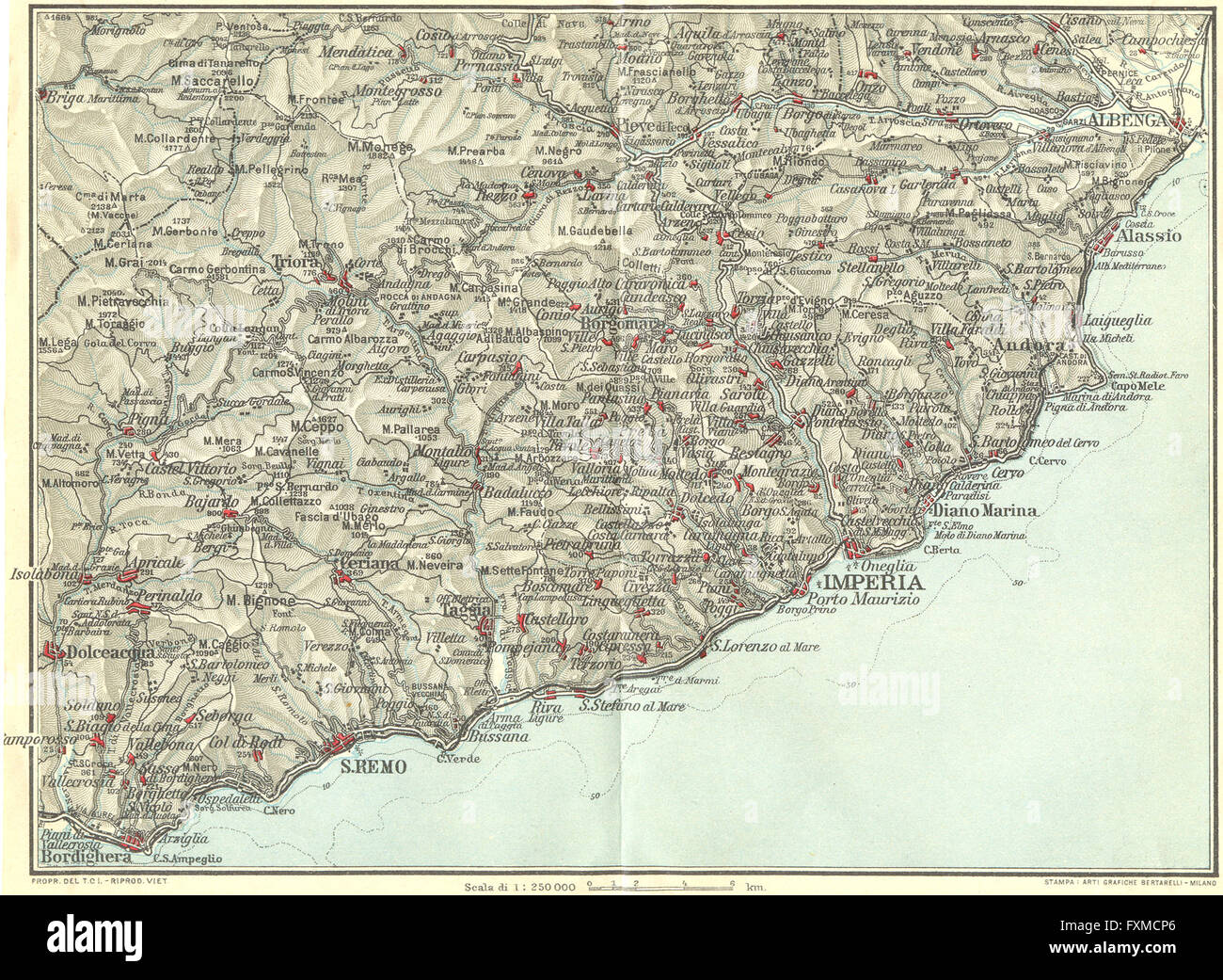 RIVIERA LIGURE di ponente. Bordighera San Remo Porto Maurizio, 1927 Mappa Foto Stock