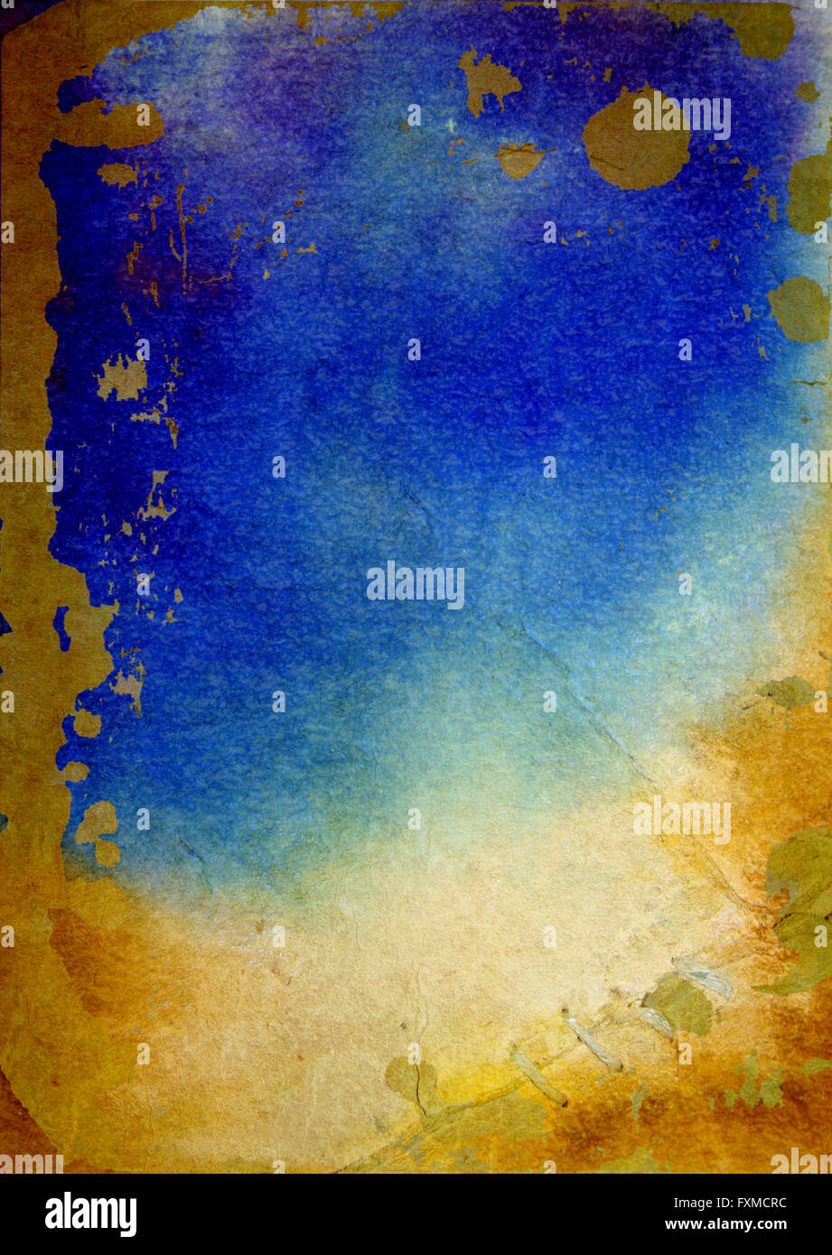 Vecchia carta con abstract acquerello vernice: testurizzato con sfondo giallo, blu, marrone e modelli. Per l'arte texture, grunge design e vintage carta / telaio di confine Foto Stock