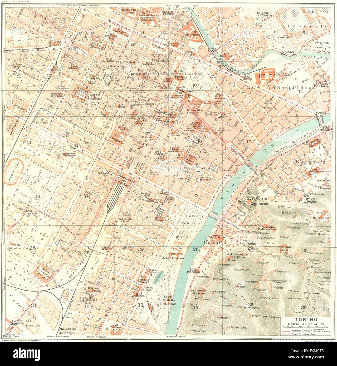 Torino Torino. Vintage town mappa della città piano. L'Italia, 1927 Foto Stock