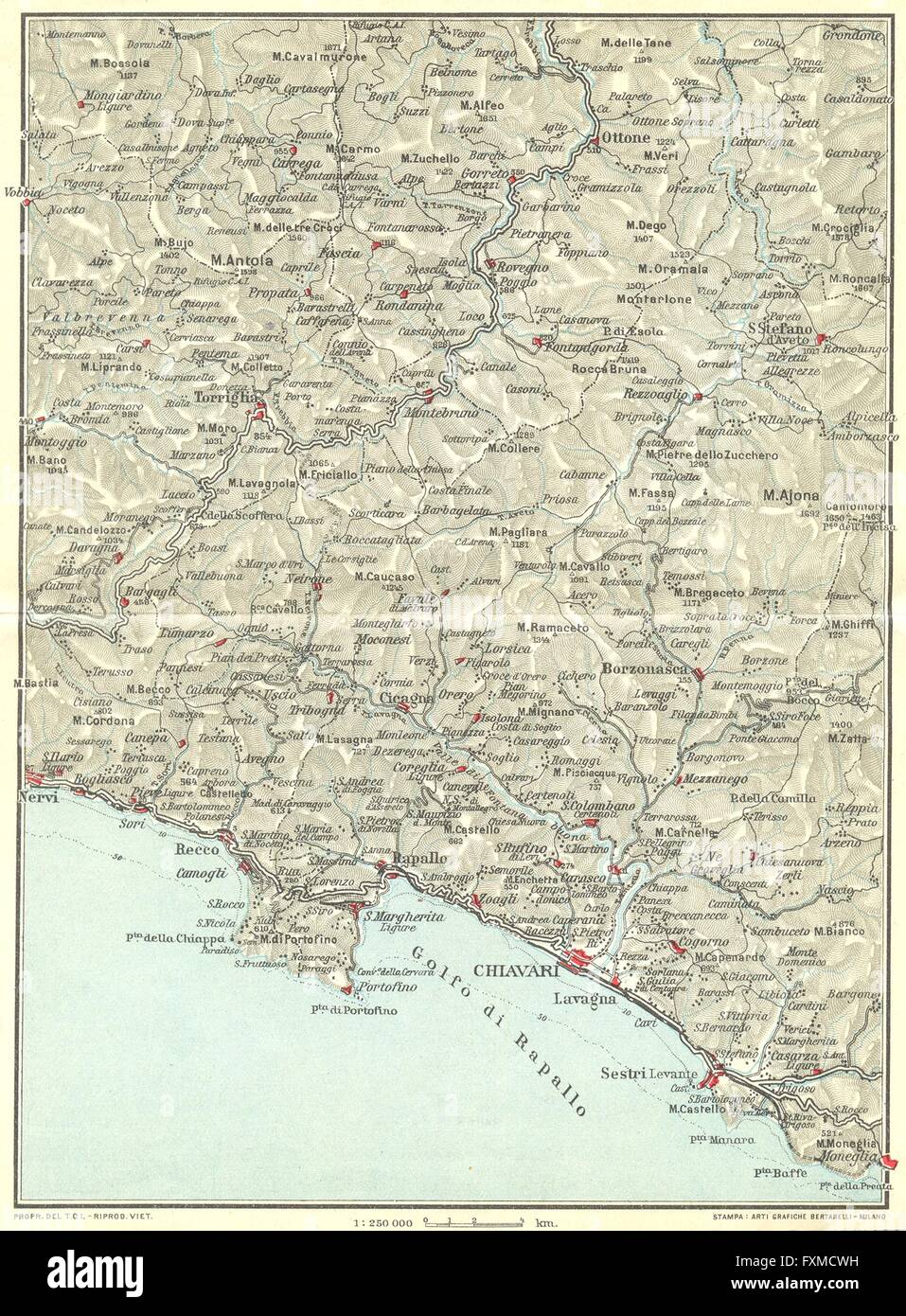 RIVIERA LIGURE DI LEVANTE.Portofino S Margherita Rapallo, 1927 mappa vecchia Foto Stock
