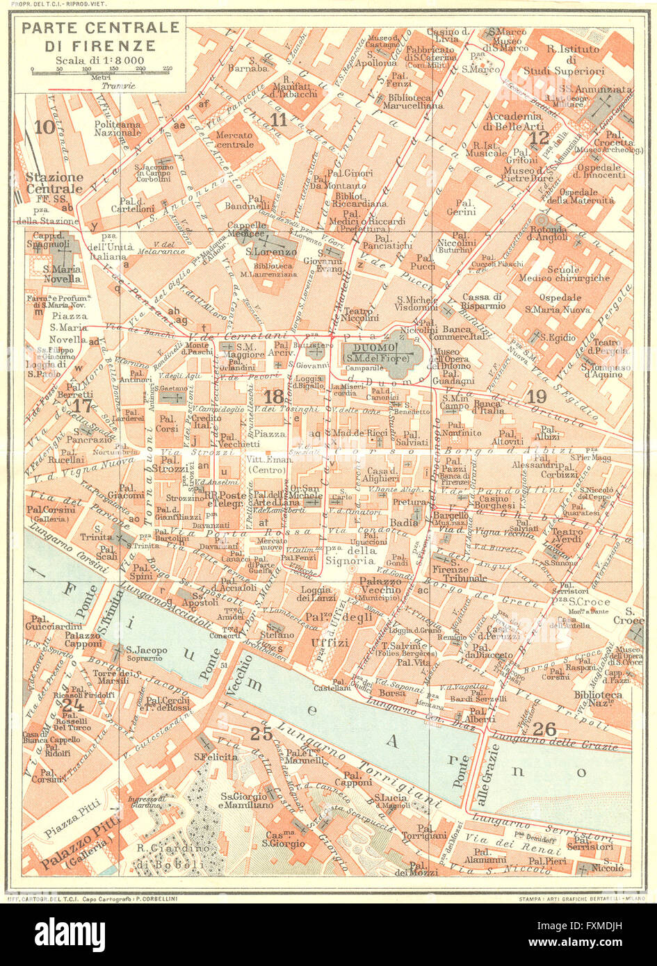 Centrale di Firenze Firenze. Vintage town mappa della città piano. L'Italia, 1927 Foto Stock